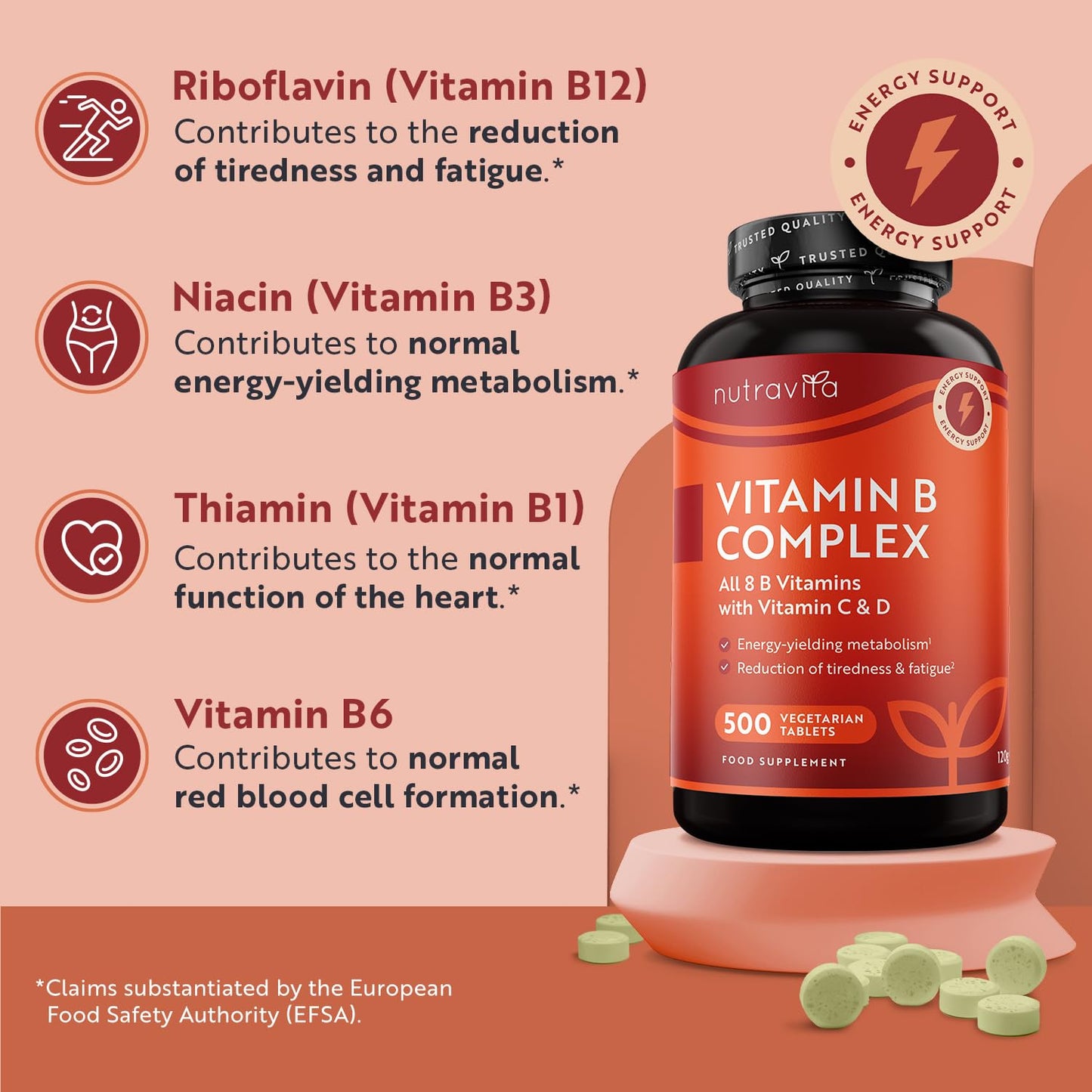 Vitamin B Complex High Strength with Vitamin D + Vitamin C 500 Tablets for +1 Year of Supply, Energy-Yielding Metabolism - Reduction of Tiredness & Fatigue (EFSA) Made in The UK by Nutravita