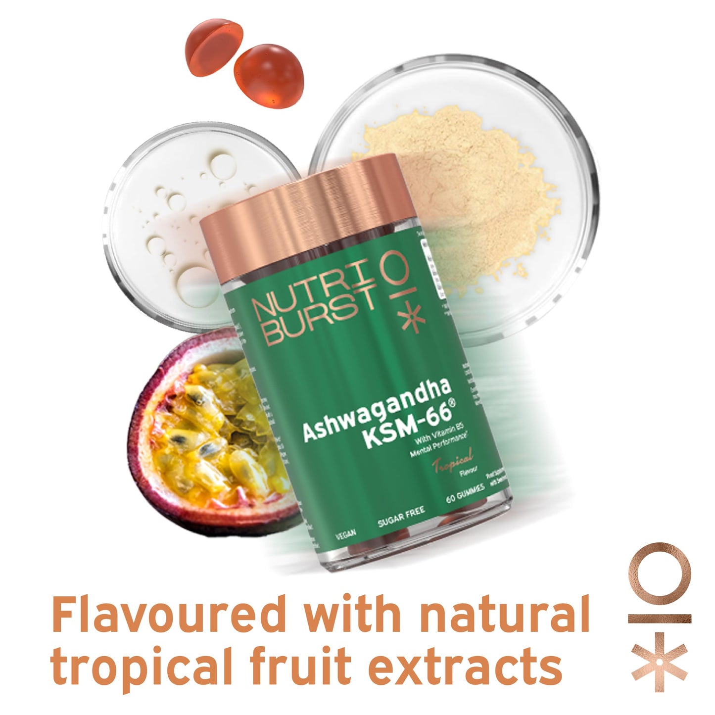 Nutriburst 300mg Ashwagandha + Vitamin B5 & Iodine Multipack - Herbal Adaptogen to Reduce Tiredness & Support Mental Performance - Vegan & Sugar Free - 3 x 60 Tropical Gummies - 3 Month Supply
