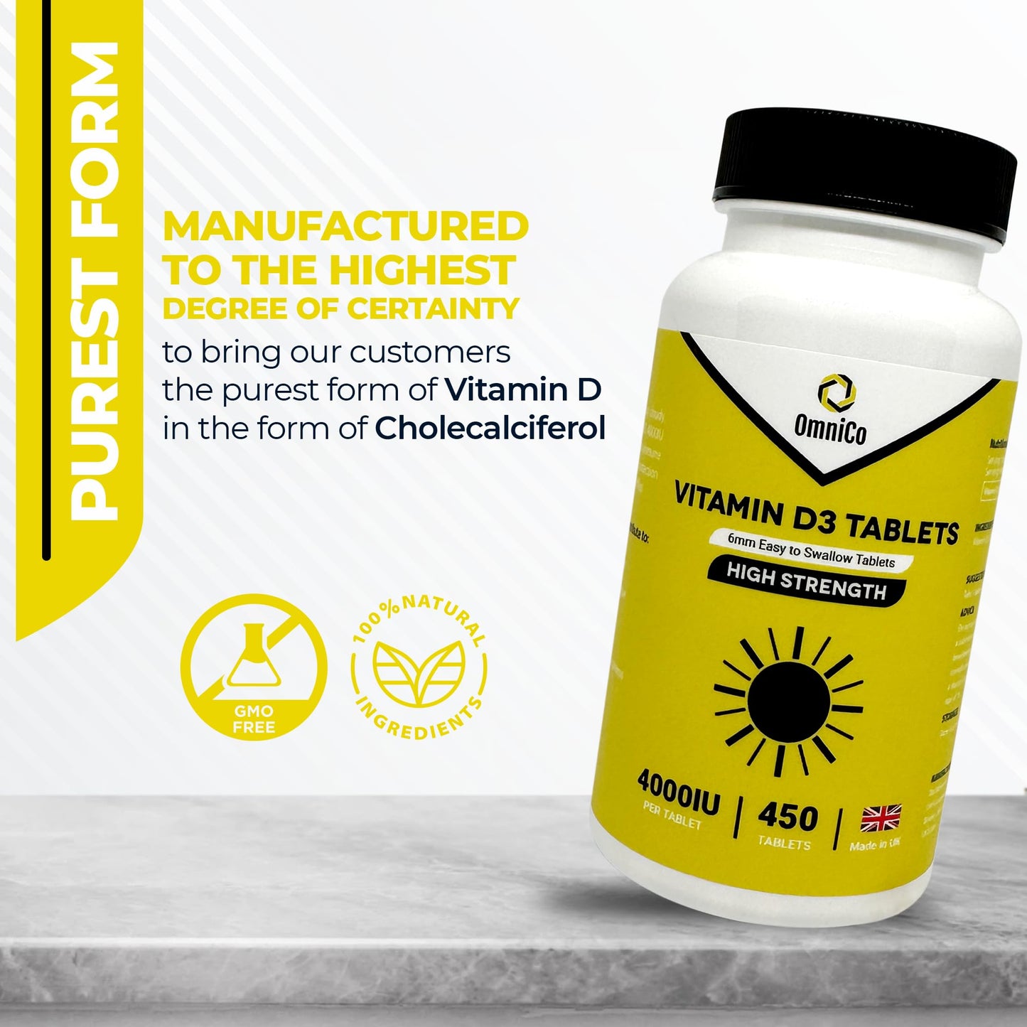 OmniCo Vitamin D3 Tablets - 4000IU - 450 High Strength 6mm Vegan Tablets – Easy to Swallow Micro Tablets for Mood & Energy - Vitamin D Supplements for Immune Support - Made for Men & Women