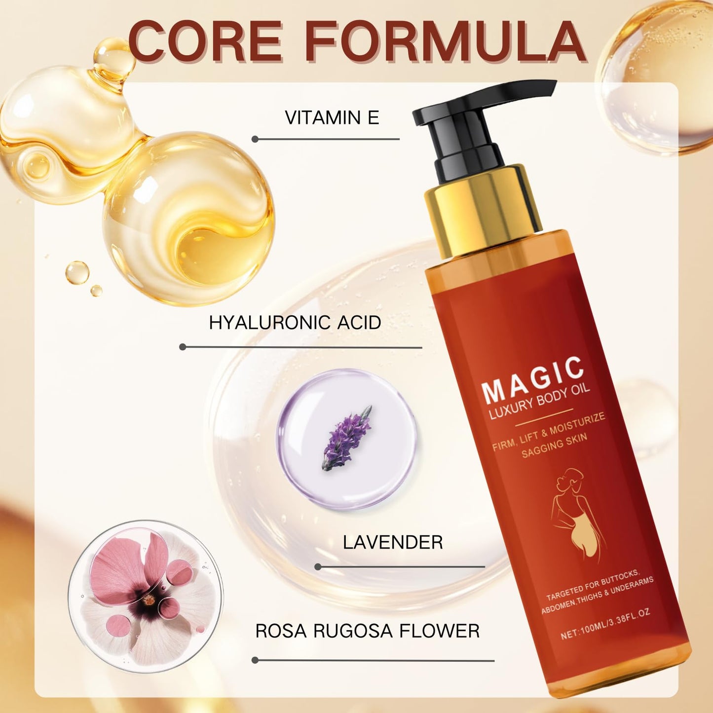 2PCS Firming Body Oil,Magic Body Oil with Gua Sha Tool,Skin Tightening Body Moisturiser for Women, Hydrates Dry Skin, Visibly Reduces Fine Lines & Enhances Glow,Massage Oil with Rose & Lavender