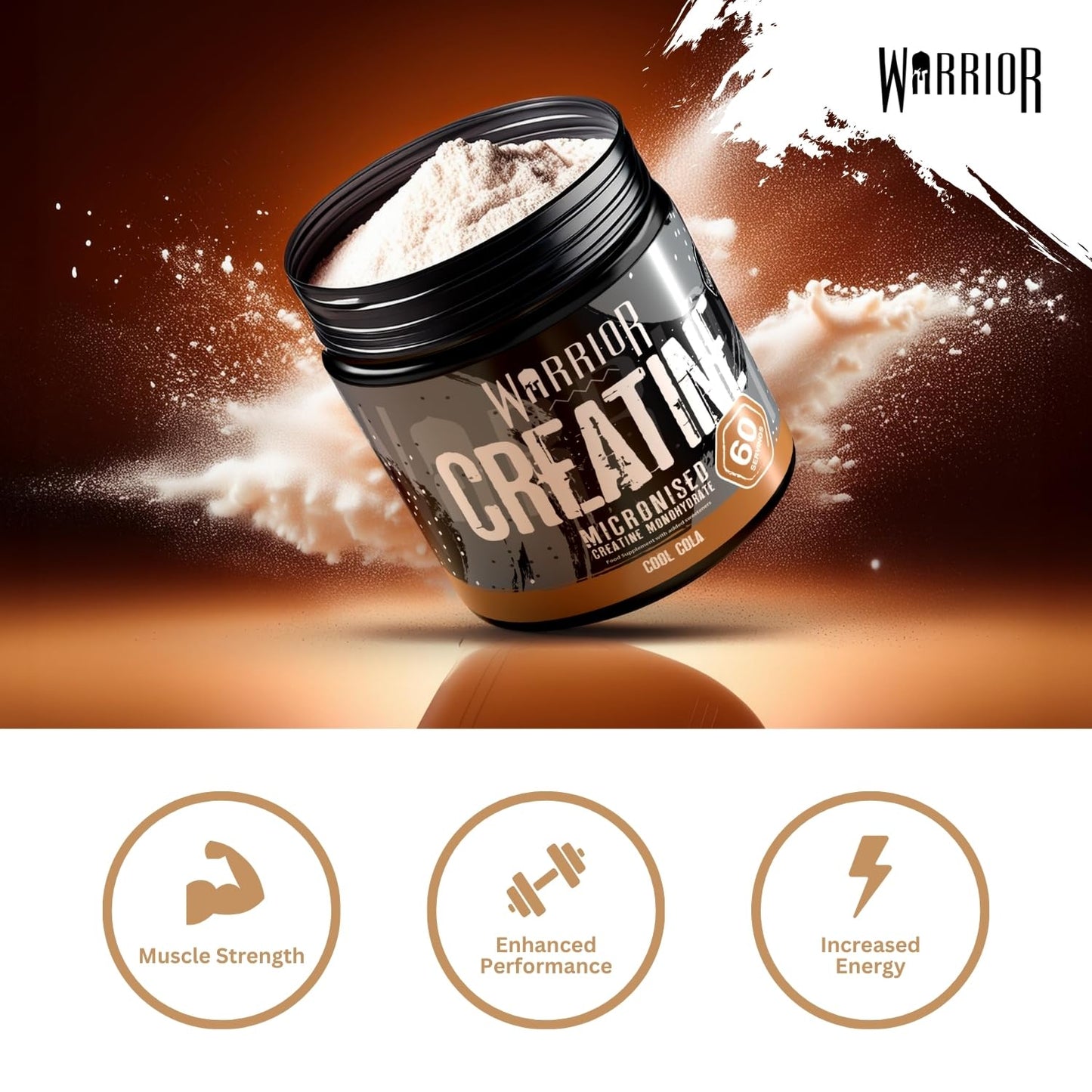 Warrior Creatine Monohydrate Powder 300g – Micronised – Proven to Improve Physical Performance and Recovery, 5g Servings (Cool Cola)