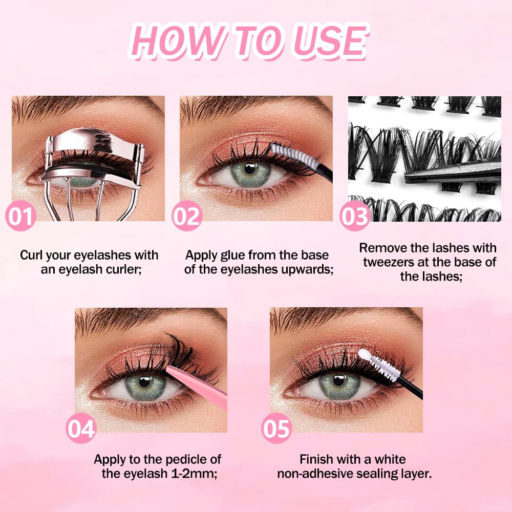 GGOKOK DIY Lash Clusters Kit 30D+40D+50D+60D+80D+100D Fluffy Volume 8-16MM Thick Eyelash Extension Kit Individual Lash Bond and Seal Lash Tweezers(30D-100D,Kit)