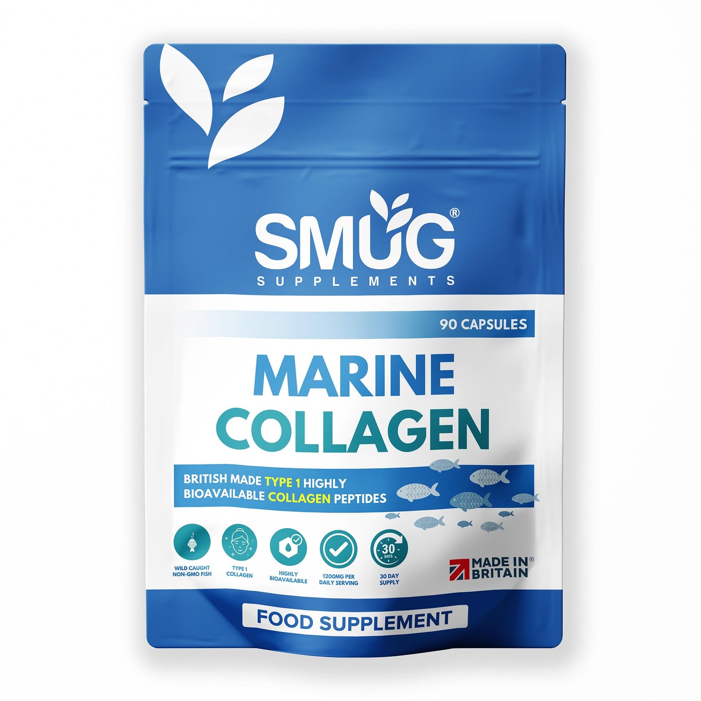 Marine Collagen British Made by SMUG Supplements - 90 Capsules - Type 1 Peptides - 1200mg Daily Serving of Collagen Powder in Three-a-Day Capsules - 30 Day Supply - Suitable for Both Men and Women