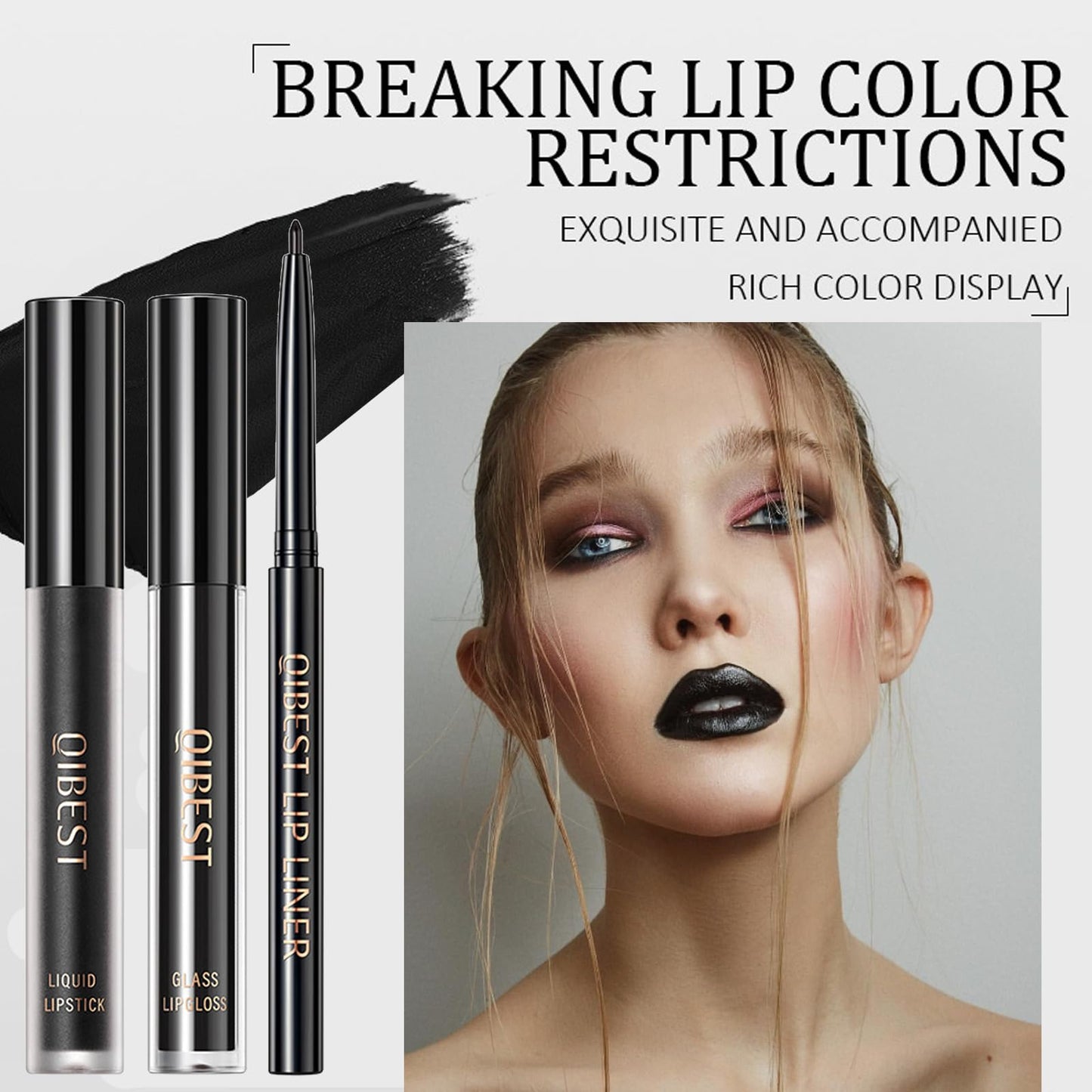 Shengqialun 3PCS Black Matte Liquid Lipstick, Lip Liner and Lipstick Set, Black Lip Gloss, Long-Lasting Velvety Lipstick One-Step Lip Makeup Set for Daily Makeup Goth Makeup and Holiday