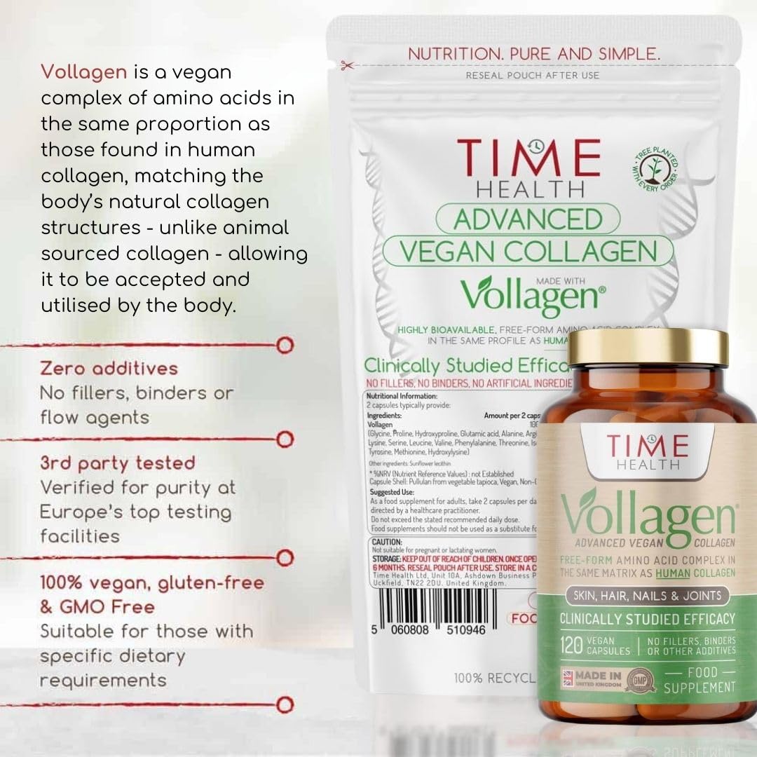 Time Health Vollagen® Advanced Vegan Collagen - 18 Amino Acid Complex in Ratio of Collagen - Studied Effectiveness - 60 Capsules - Vegetarian - Zero Additives - Pullulan (60 Capsule Pouch)