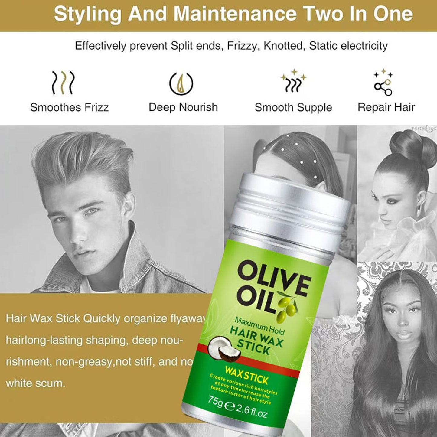 1PCS Olive Oil Hair Wax Stick,Styling Wax for Smooth Wigs,Unisex Hair Pomade Stick Edge Control Stick, Non-greasy Styling Wax for Flyaways Edge Frizz Hair