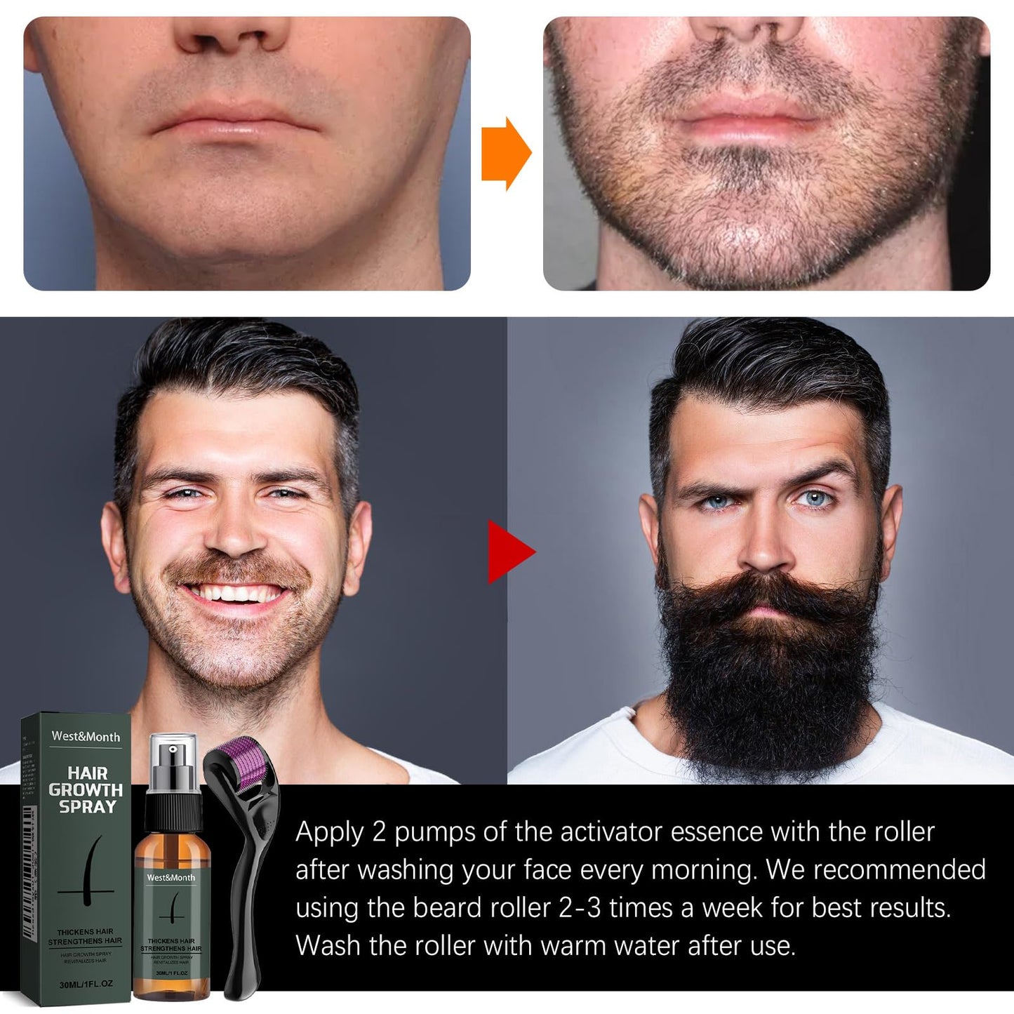 HAORQEE Beard Growth Oil Kit with Beard Roller, Beard Grooming Growth Serum Beard Care for Men, Thickening Stimulate Beard and Hair Growth, Gifts for Men Father (30ml)