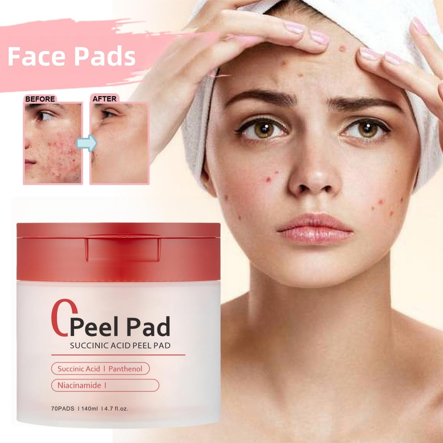 Ruojiar 70 Pads Red SUCC/inic Acid Panthe/NOL Face Exfoliator Pads,Exfoliating Toner Pa/ds for Acne Prone Skin,Zero Pore Pa/ds,for Exfoliation and Minimizing Po/res,Deep Clean Pores,Face Scrub Exfoliator