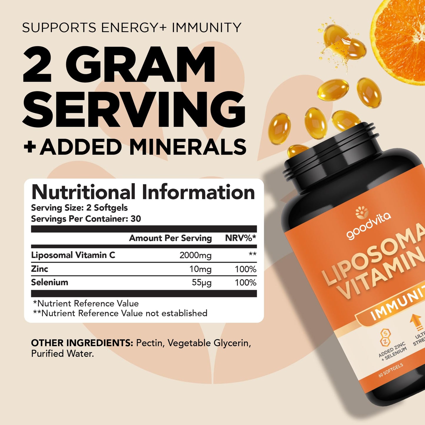 Goodvita Liposomal Vitamin C Softgels 2000mg | 60 Softgels, 1 Month Supply | Added Zinc + Selenium | UK Formulated | Ultra Strength 4X Higher Absorption | Immunity, Energy + Skin | Easy to Swallow