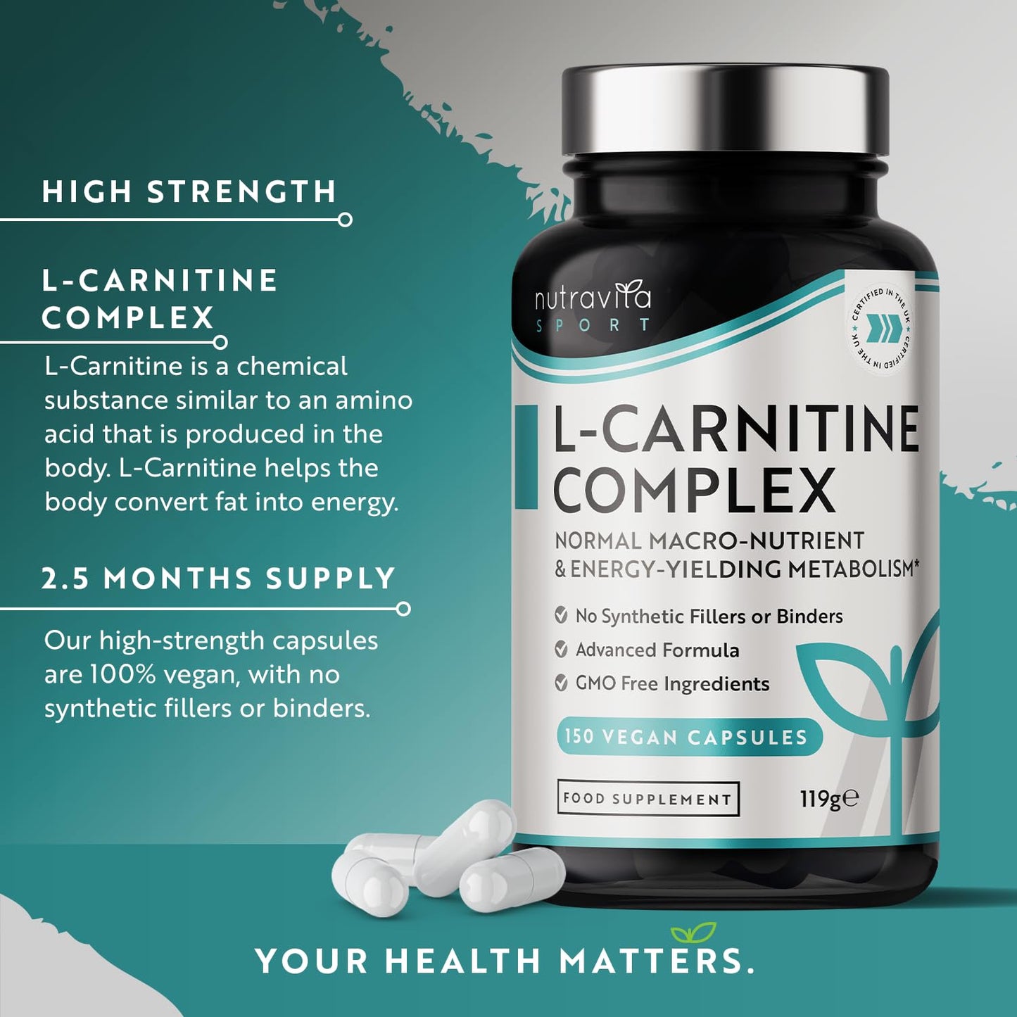 L-Carnitine Complex - High Strength Capsules with Added Riboflavin, Biotin, Chromium, Vitamin D, B3 & B6 - Macronutrient & Energy Yielding Metabolism - 150 Vegan Capsules - Made in the UK by Nutravita