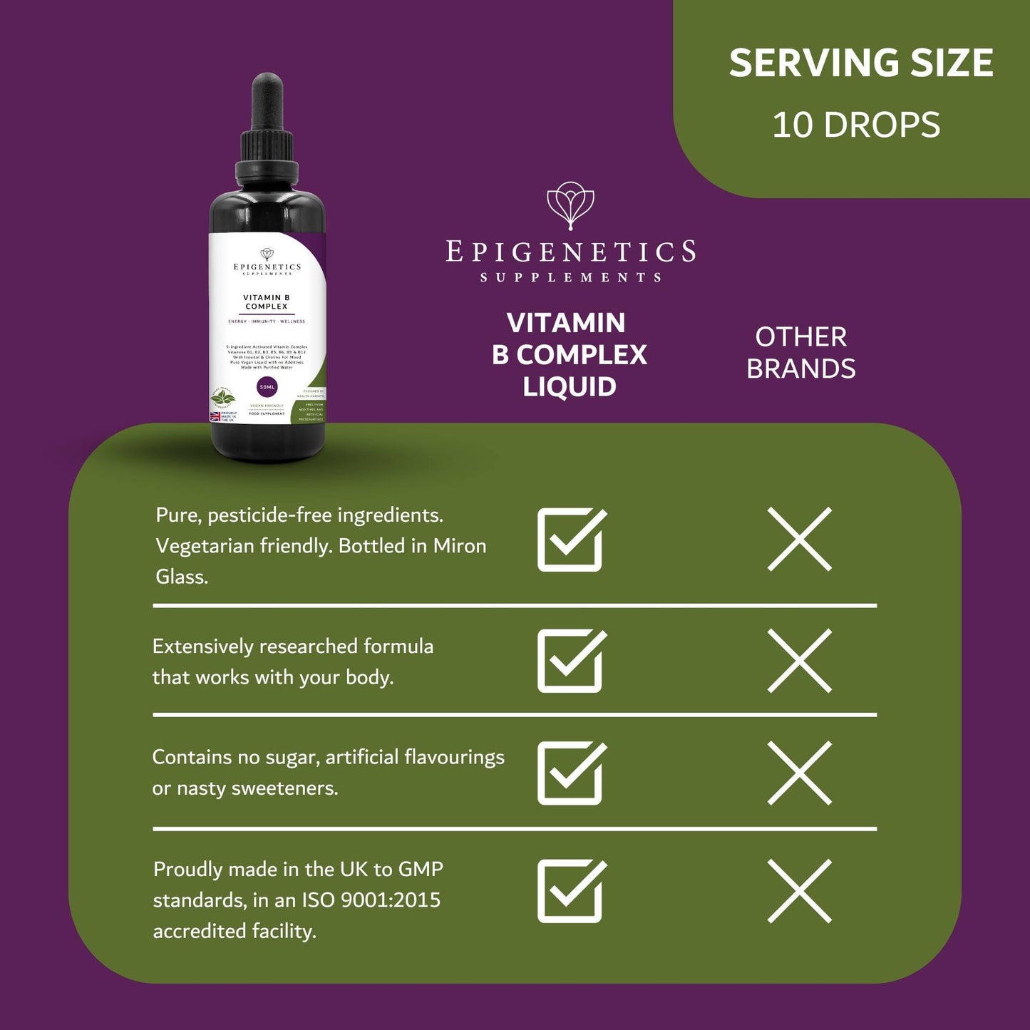 Epigenetics Vitamin B Complex Liquid Drops 50ml | 2 Months Supply, 66 Servings. High Strength Vitamin B12 Methylcobalamin & Adenosylcobalamin, B1, B2, B3, B5, B6 with Choline, Folic Acid | UK Made & Vegan