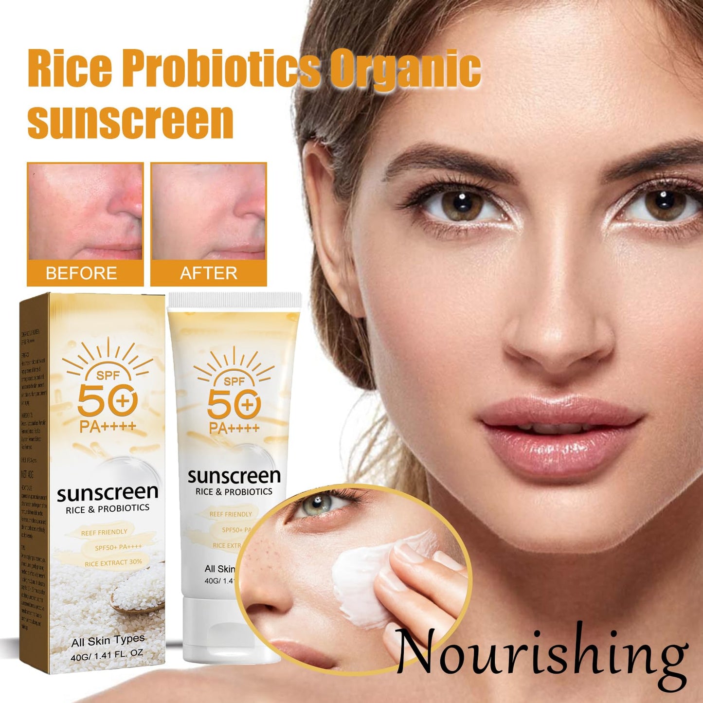 DMQ Rice Sunscreen,Organic Sunscreen SPF50,Face &Body Sun Cream,Strong Sun Protection Sun Lotion with Rice Extracts,Refreshing Body Suncream,Non-Greasy & Breathable,Moisturiser Sunscreen for Oily Skin-40g