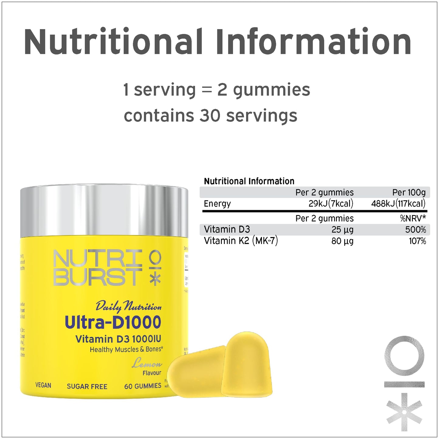 Nutriburst Ultra-D1000 Multipack - Vitamin D3 (1000IU) + Vitamin K2 (80µg) for Healthy Muscles & Bones - Lemon Flavour - 3 x 60 Gummies / 3 Month Supply - Suitable for Vegans