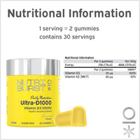 Nutriburst Ultra-D1000 Multipack - Vitamin D3 (1000IU) + Vitamin K2 (80µg) for Healthy Muscles & Bones - Lemon Flavour - 3 x 60 Gummies / 3 Month Supply - Suitable for Vegans