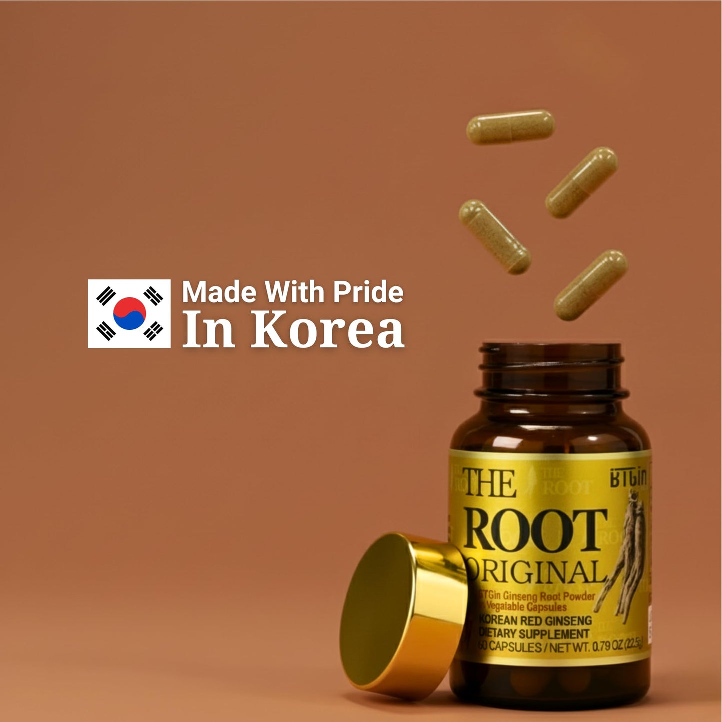 BTGIN The Root Original Korean Red Panax Ginseng Supplement - 100% Whole Fine Root Powder with Natural Fiber & Minerals - Caffeine Free Stamina, Wellness & Immunity Support - 60 Capsules