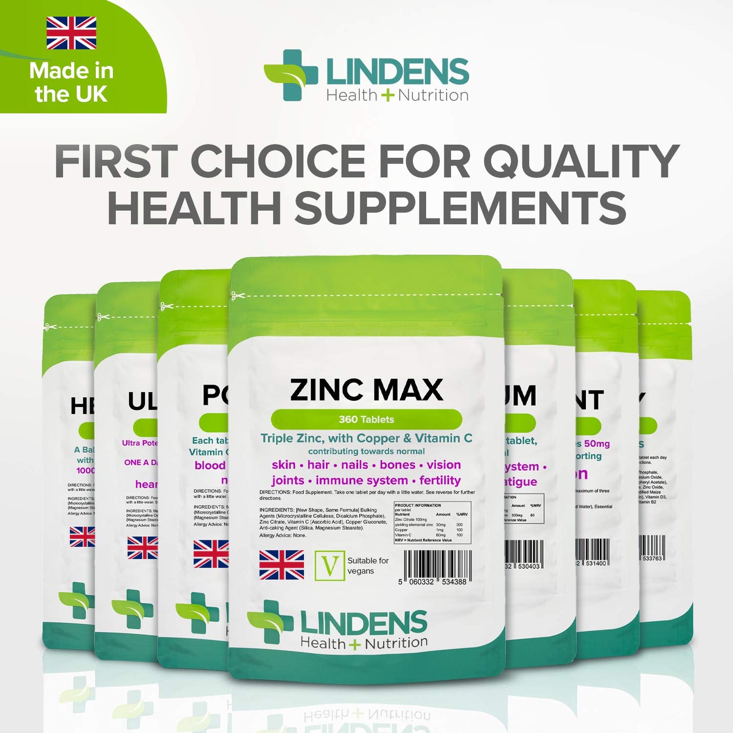 Lindens Zinc Max Tablets - 360 Pack - Triple Zinc with Copper and Vitamin C - Immune System, Bones, Vision, Hair, Nails, and Skin - UK Manufacturer, Letterbox Friendly