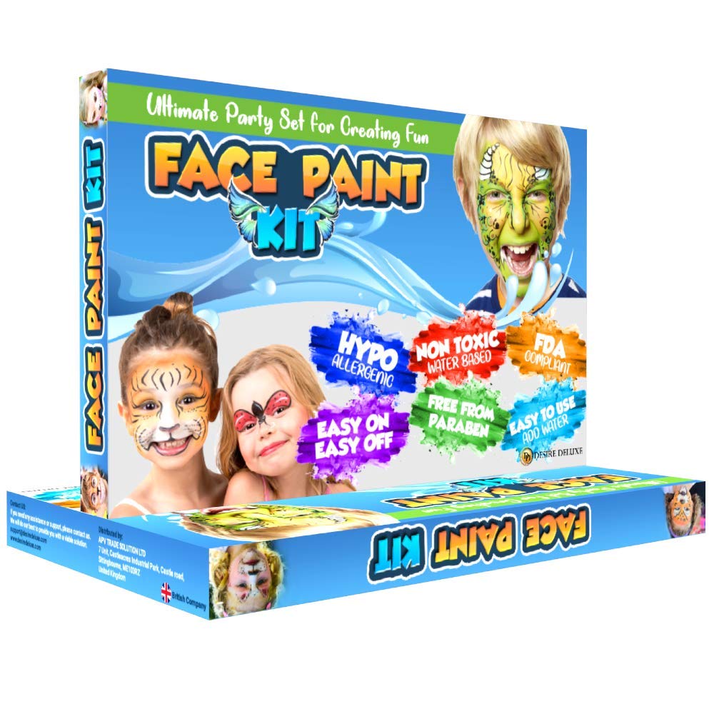 Desire Deluxe Face Paints for Children Halloween Make Up Set for Boys Girls Toy Body Painting Palette Kit Including Glitter, Stencil, Tattoo for Kids - Unique Gift
