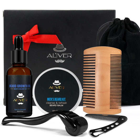 leyosger Beard Growth Kit, Beard Grooming Kit for Men W/Beard Roller,Atural Ingredients Beard Growth Serum, Beard Balm, Beard Comb, Stimulate Beard Growth With This Beard Care Kit, Gifts For Men