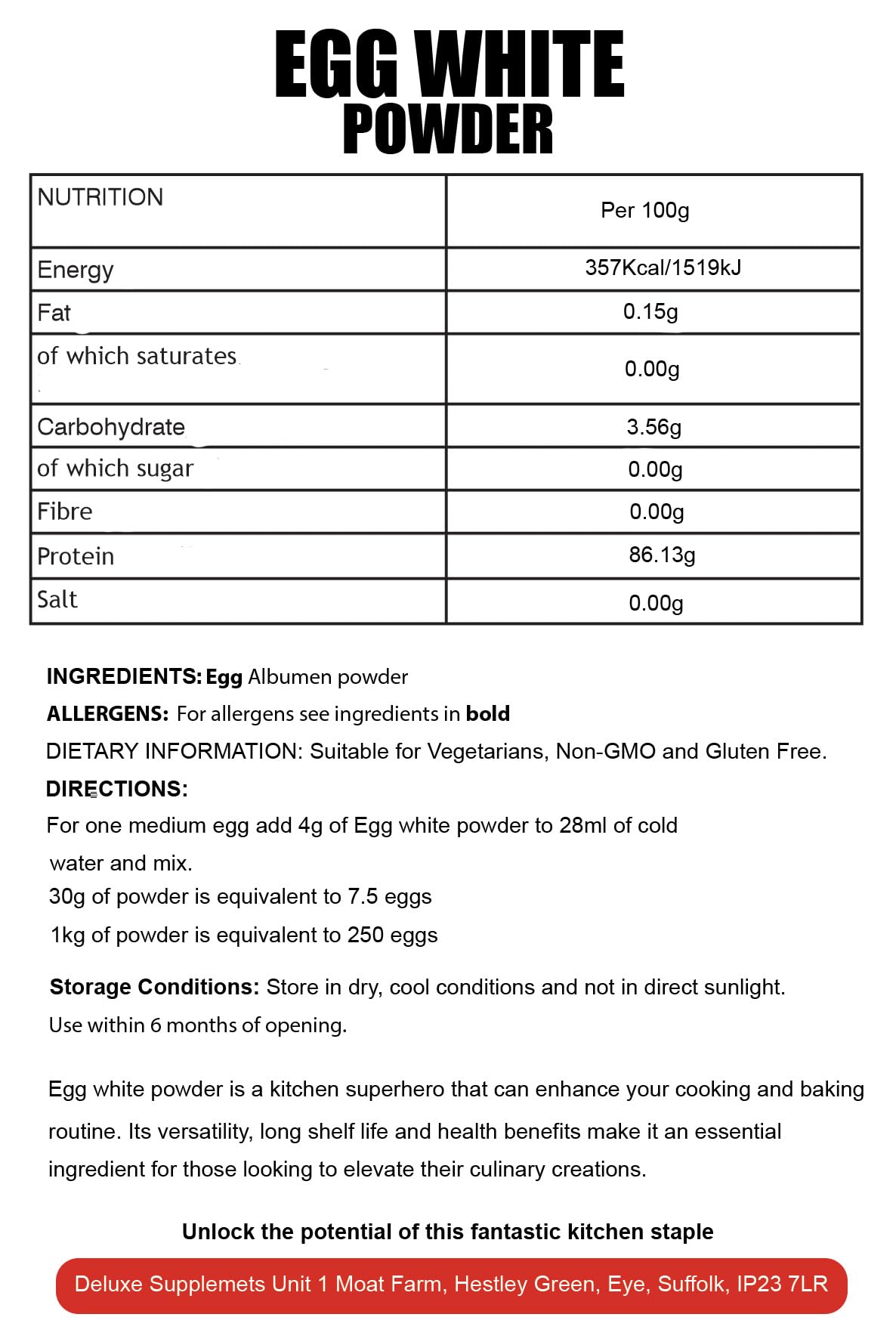 Deluxe Nutrition 500g Egg White Powder Cooking Baking Eggs Albumen Protein Powdered Eggs All Natural Halal Kosher