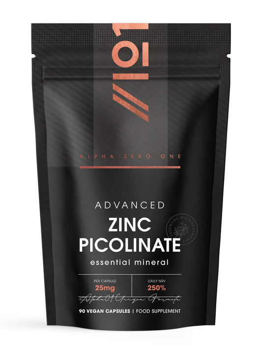 Zinc Picolinate 25mg – 90 Vegan Capsules (3 Months Supply) – 250% Daily NRV - Elemental Zinc Picolinate – Resealable and Recyclable Pouch - by Alpha0®