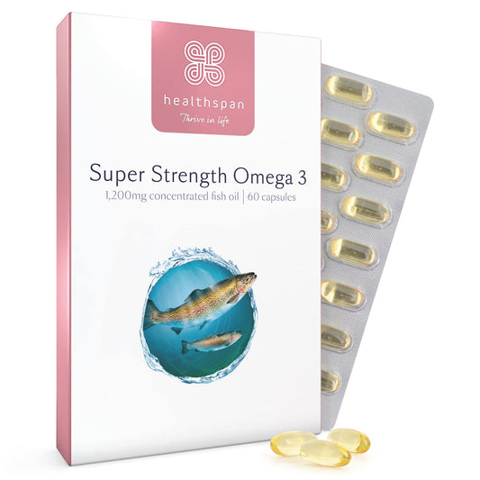 Healthspan Super Strength Omega 3 1,200mg (60 Capsules) | Brain, Heart & Eye Health | 240mg DHA & 360mg EPA per Capsule| Highly Purified to Remove Toxins | Sustainably Sourced Fish Oil