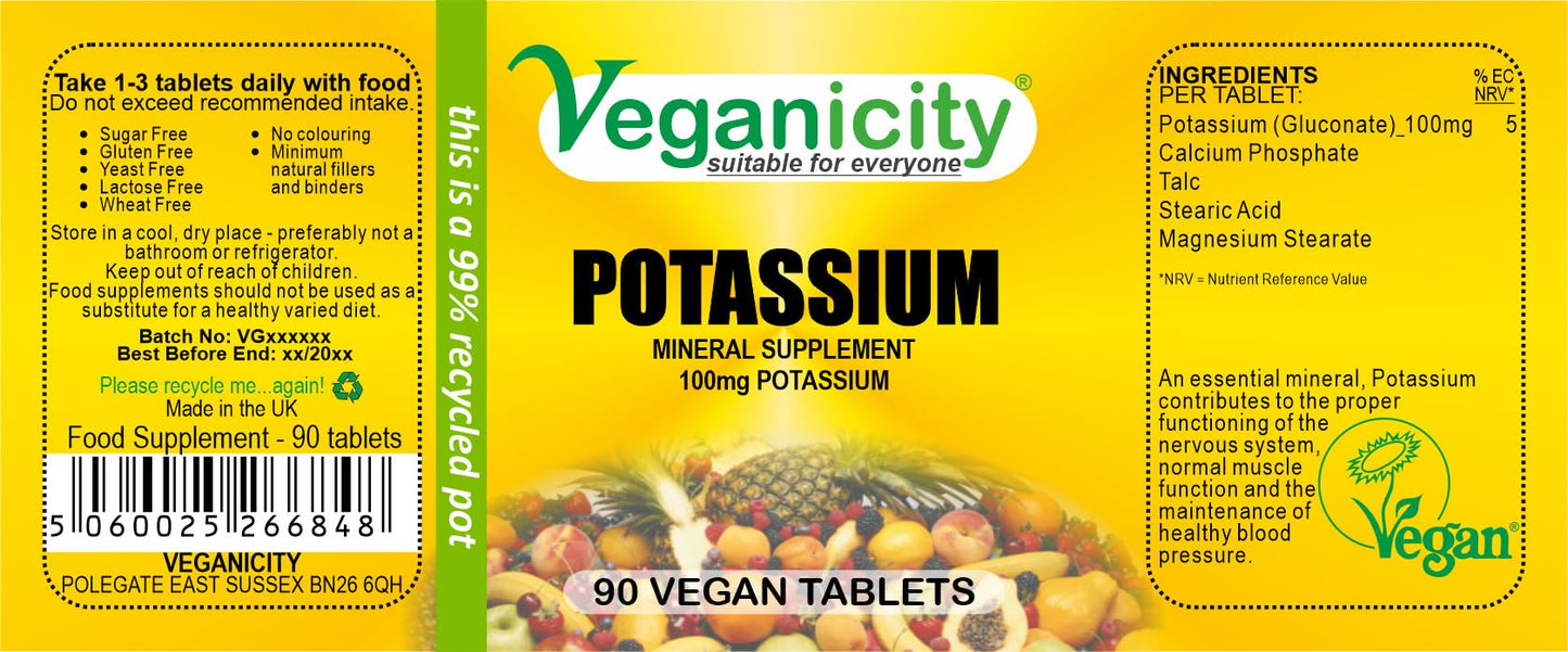 Veganicity Potassium 100mg : Bone & Joint Health Supplement : 90 Tablets, in a Planet-Friendly 99% Recycled Pot