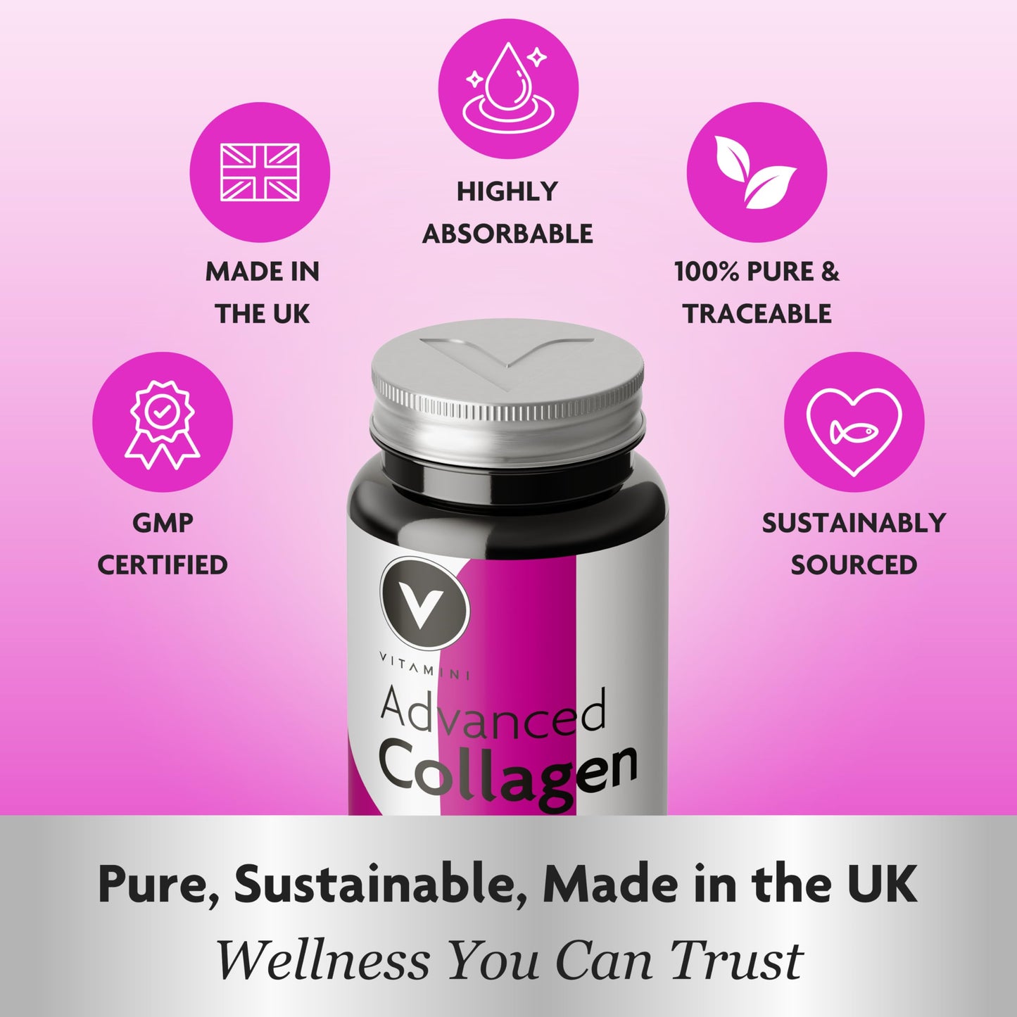 V Vitamini Bigger Pack, Better Value – Premium Advanced Collagen Supplements for Women – Marine Collagen, Hyaluronic Acid, Vitamin C & E – Radiant Skin, Hair, Nails – UK Made – 180 Capsules, 60 Day Supply