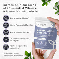 Multivitamin Tablets for Men & Women - 26 Essential Active Vitamins & Minerals with Vitamin C, D, Iron, and Zinc - 90 Vegan Multi Vitamin Tablets for a 3 Month Supply - Made in The UK - Nutravita