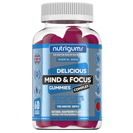 Mind & Focus Raspberry Flavour 60 Vegan Gummies | Ashwagandha, L-Theanine, D3, B5, B6 & B12 | Cognitive Health, Nervous System and Mental Performance | Suitable for Adults & Kids 12+ by NUTRIGUMS®