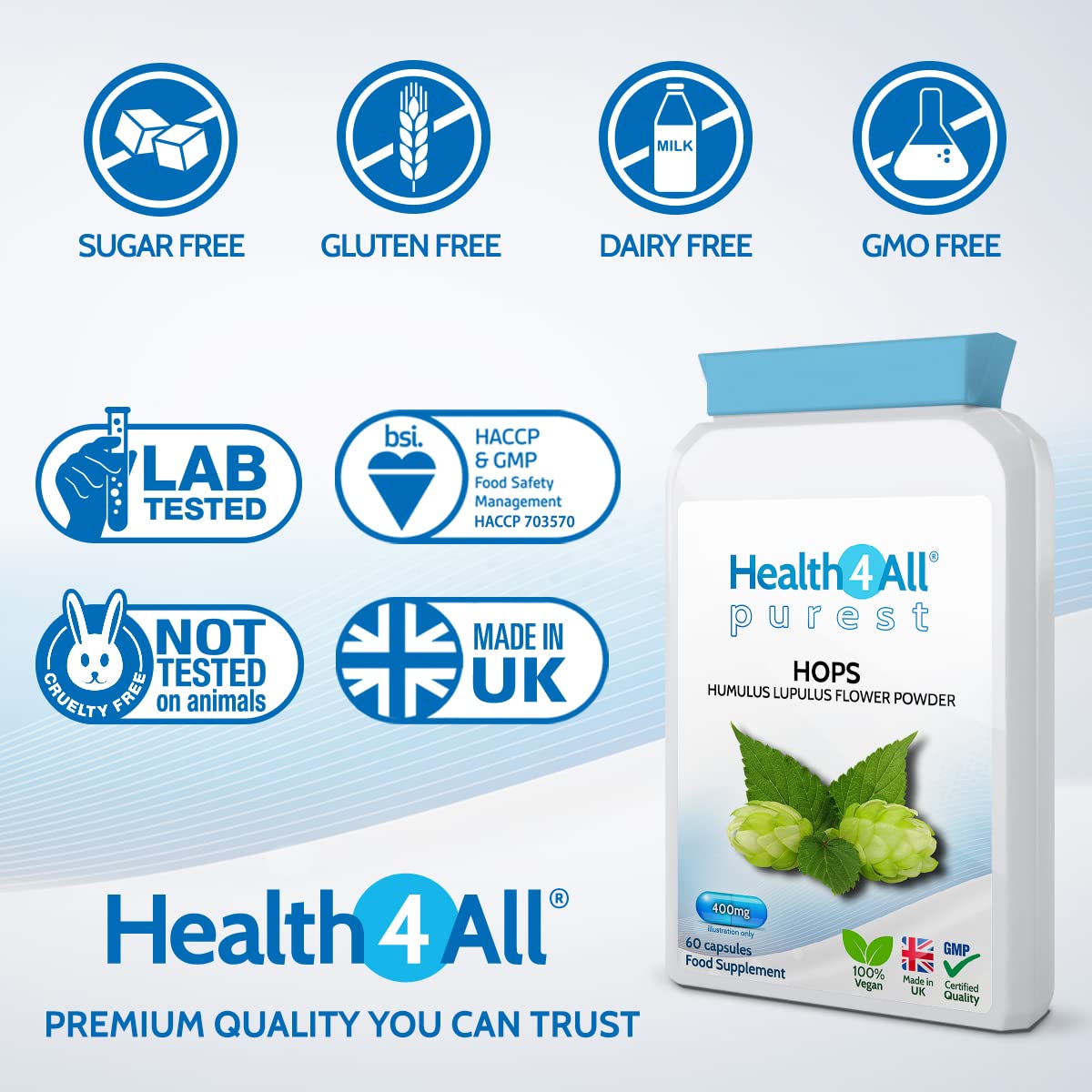 Health4All Hops 400mg 60 Capsules (V) .(not Tablets) Purest: no additives. Vegan Capsules for Anxiety, Stress and Sleep Supplement
