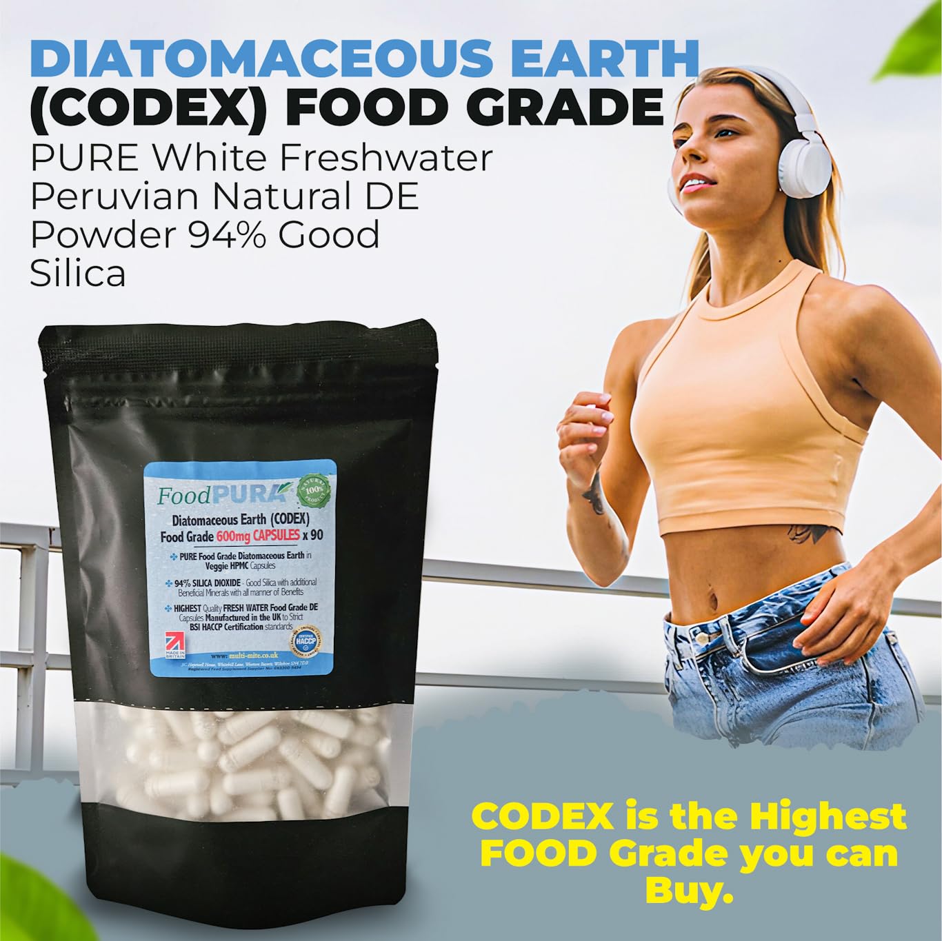 FoodPURA Food Grade Diatomaceous Earth Capsules (Codex) Pure White 94% Silica Fresh Water Sourced 600mg (90)