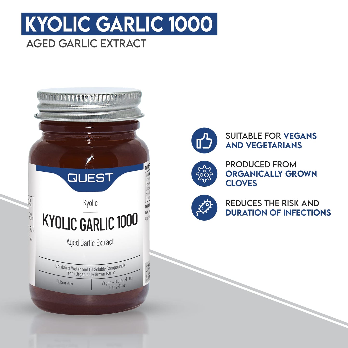 Quest Kyolic Garlic 45 Tablets - 1000mg High Strength Odourless Aged Garlic Extract For Heart, Liver & Immune Function. Daily Garlic Supplement, Improve Circulation, Liver Detox & Immunity (Pack of 1)