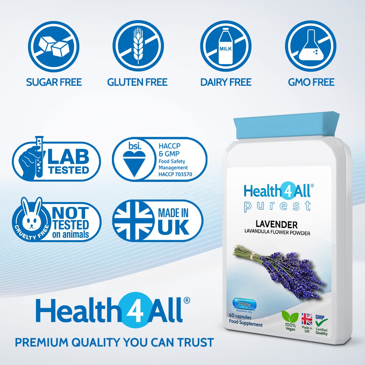 Health4All Lavender 500mg 120 Capsules (not Tablets or Oil) Purest - no additives. Vegan Lavender Capsules for Anxiety, Relaxation and Sleep
