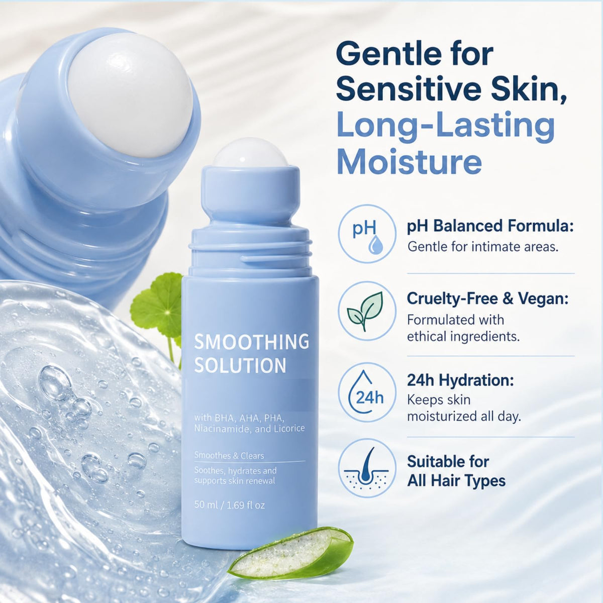 IZBEAUVO 2pcs Razor Bump Smoothing Solution Ingrown Hair Reduction with BHA AHA - High Roller Ingrown Tonic for Underarms Abdomen - Ingrown Hair Serum for Men & Women - Roller Ball Applicator for Tend Skin