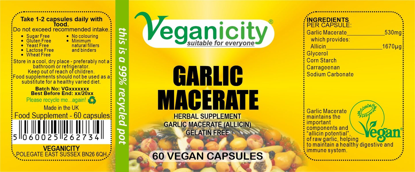 Veganicity Garlic Macerate 530mg (1670Μg Allicin): Digestive and Immune Herbal Supplement : 60 Vcaps, in a Planet-Friendly 99% Recycled Pot