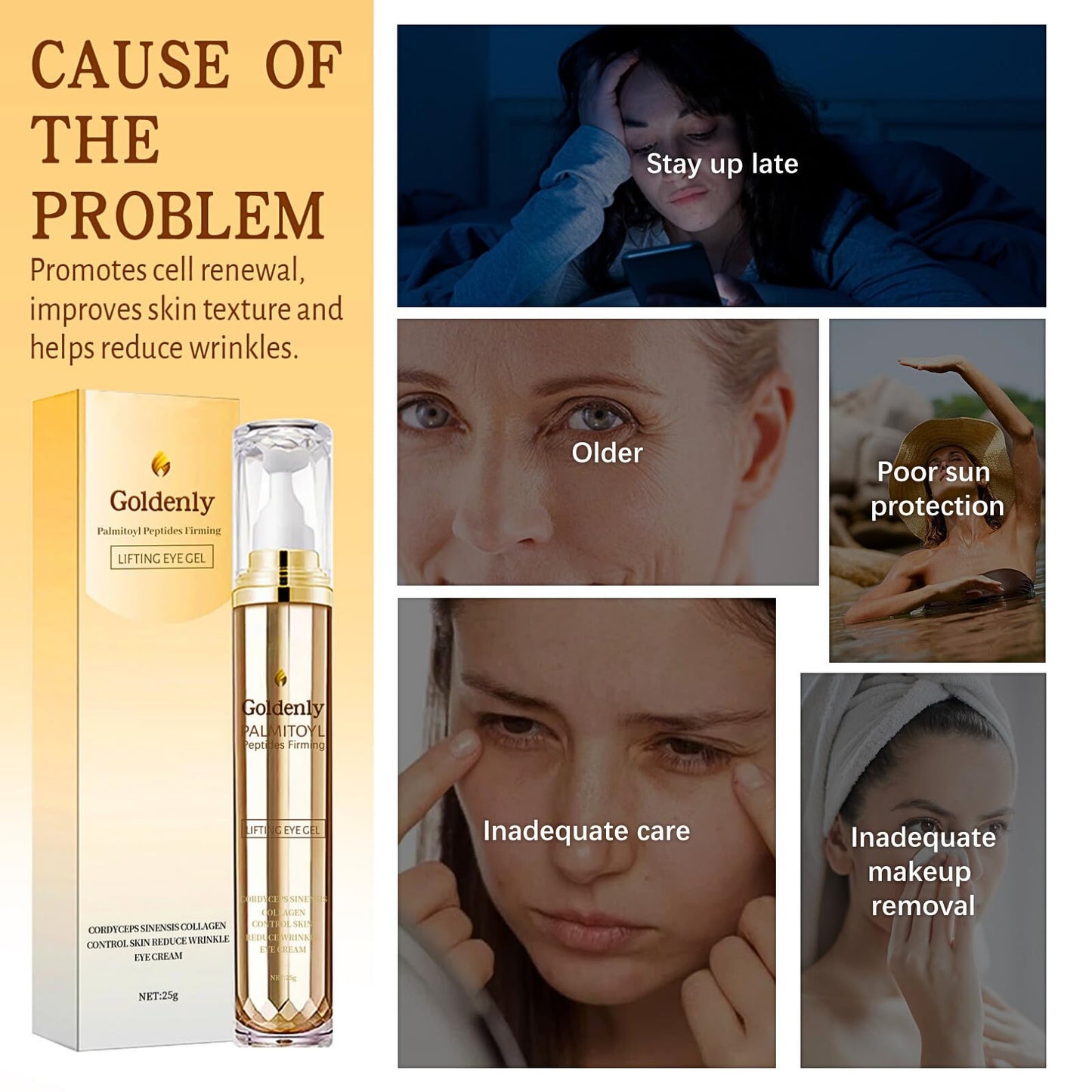 Trendyfave Golden Caffeine Eye Serum, Eye Cream With Palmitoyl Peptide, Caffeine Eye Cream For Dark Circles And Puffiness, Eye Care Eye Cream Anti Aging With 360°Massage Ball Reduce Eye Bags, Fine Lines