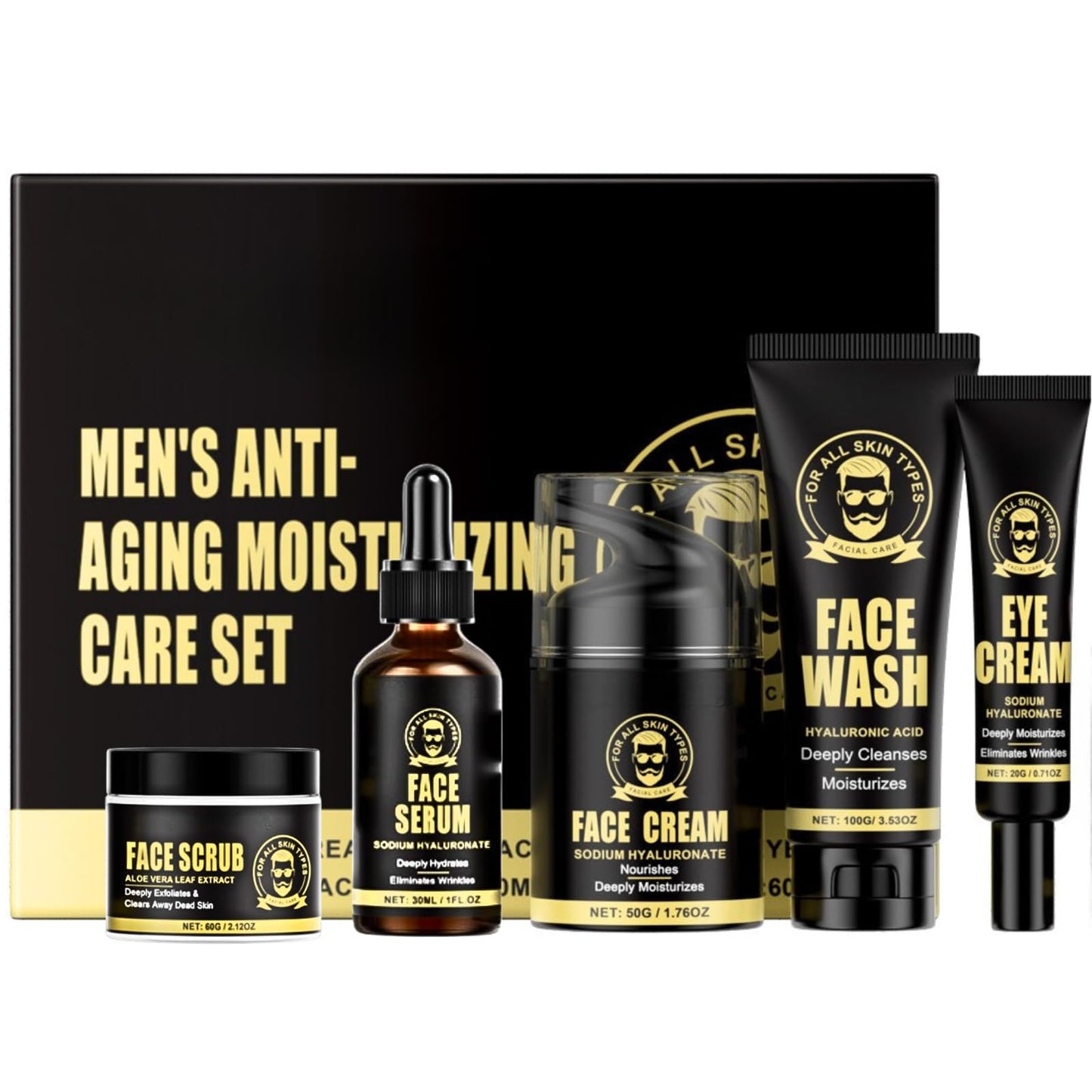 TBeautfave 5PCS Men's Anti-Aging Care Set - Mens Skin Care Sets & Kits - Mens Face Cream, Face Wash & Scrub, Eye Cream, Anti Wrinkle Serum- Gifts for Men -Moisturiser For Men Day & Night