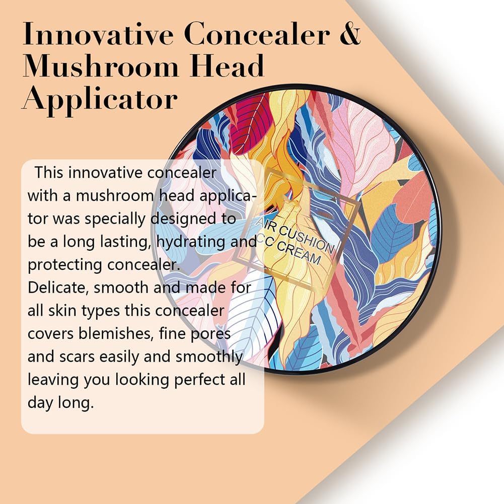Mushroom Head Air Cushion CC Cream,Moisturizing Concealer Cream, Full Coverage Foundation,Moisturizing BB Cream Makeup Base Long Lasting with Mushroom Makeup Sponge (Natural)