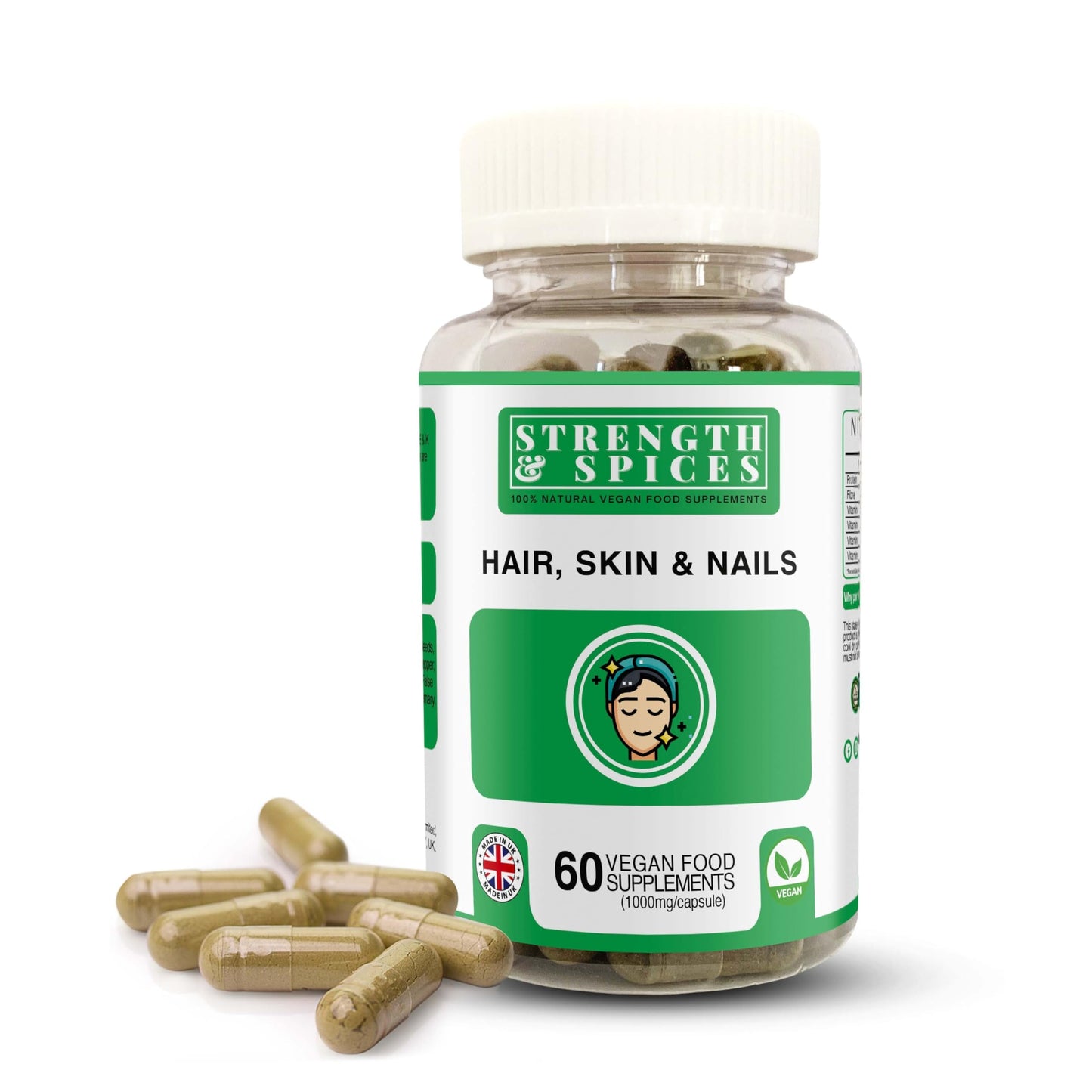 STRENGTH & SPICES100% Natural Vegan Food Supplements Strength & Spices Hair, Skin & Nails 100% Natural Supplement – 20 Ingredients w Biotin Selenium & Zinc - 60 Vegan UK Made 1000mg Capsules – Hair & Nails Growth, Collagen Formation