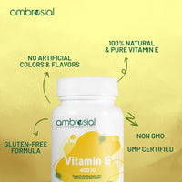 Ambrosial Vitamin E Capsules for Skin & Face VIT E 400 IU| Natural & Pure Vitamin E Oil Capsules |Highly Absorbable & High Strength| Hair Skin & Nail Vitamins for Women & Men (Pack of 1-60 Softgels)