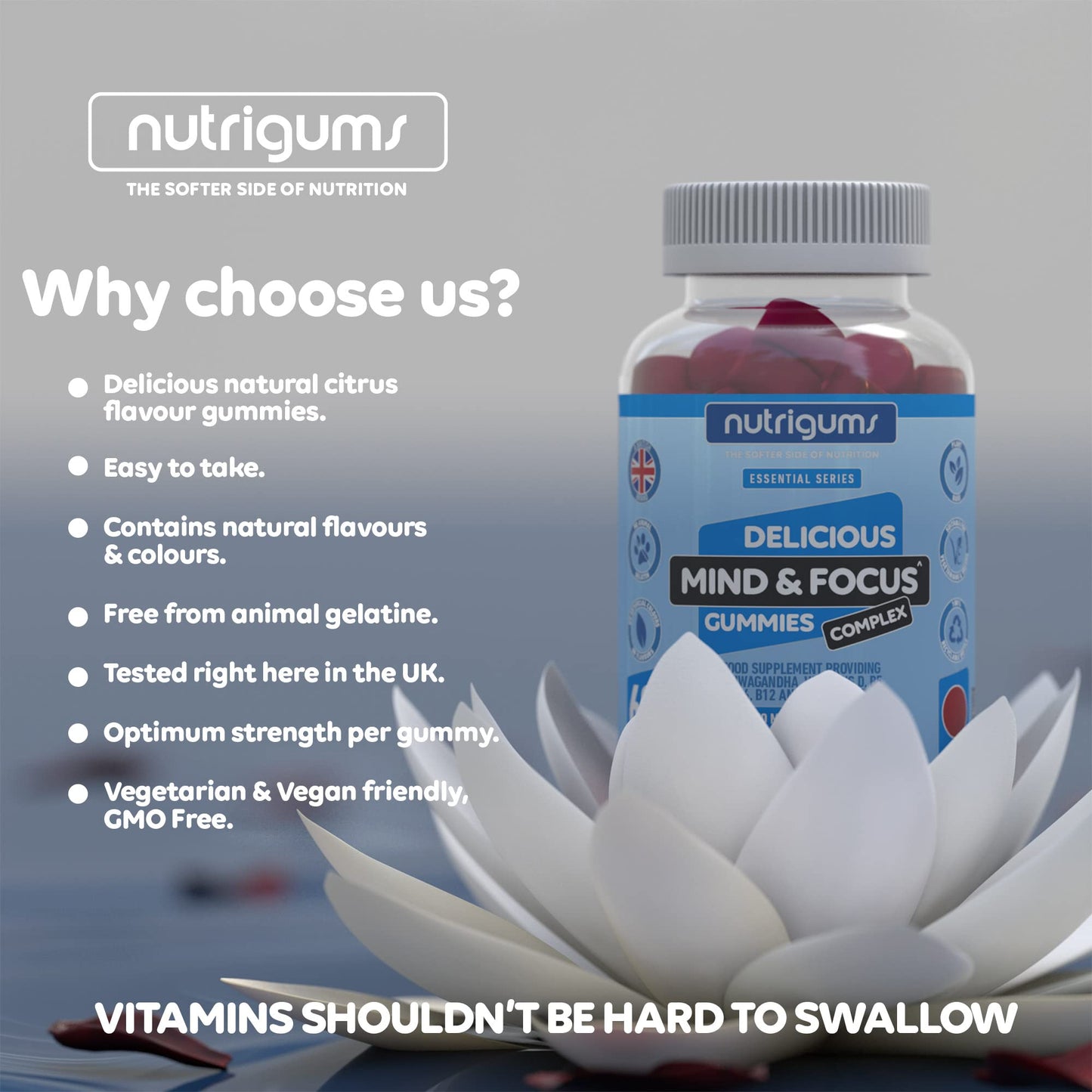 Mind & Focus Raspberry Flavour 60 Vegan Gummies | Ashwagandha, L-Theanine, D3, B5, B6 & B12 | Cognitive Health, Nervous System and Mental Performance | Suitable for Adults & Kids 12+ by NUTRIGUMS®