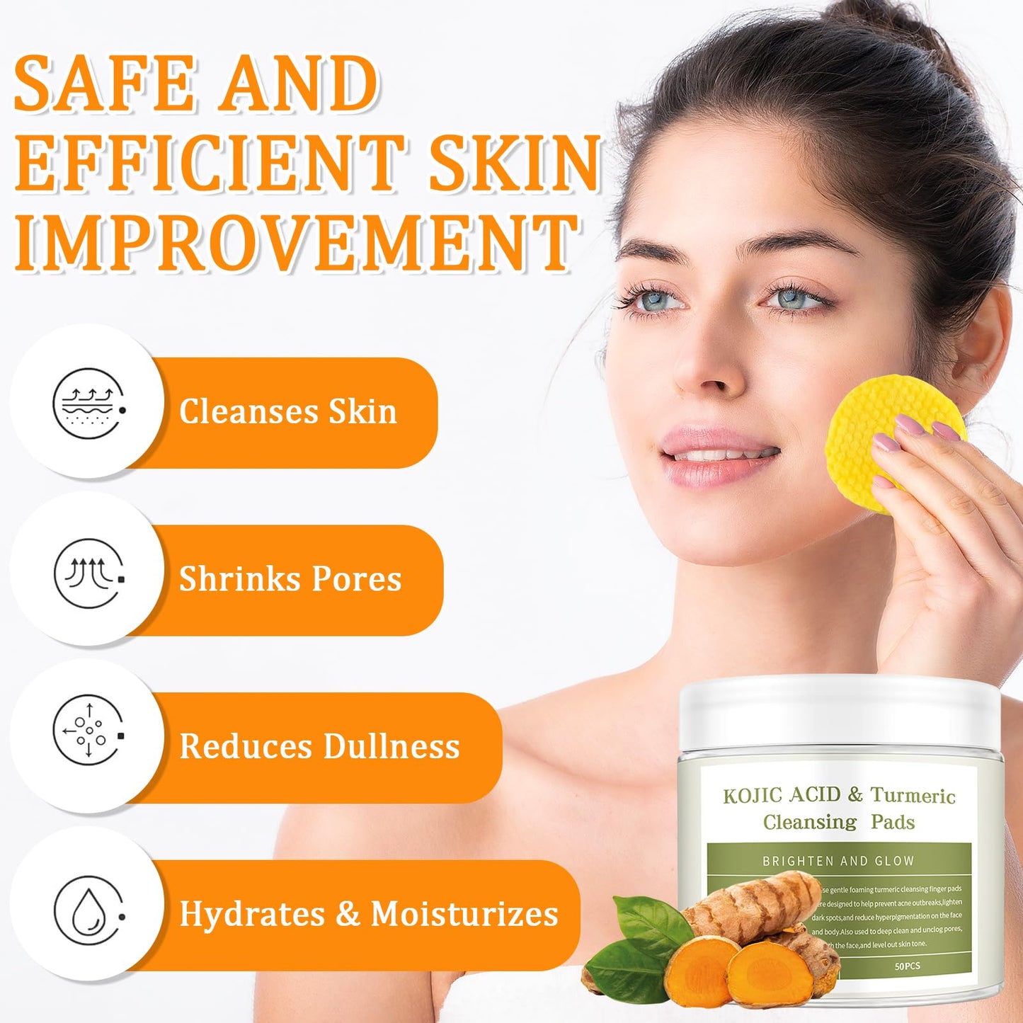 Ceboic Kojic Acid and Turmeric Pads, Turmeric Exfoliating Pads for Face, Turmeric and Kojic Acid Cleansing Pads Facial Sponges for Dark Spots, Acne Scars, Unclog Pores (50 Pads)