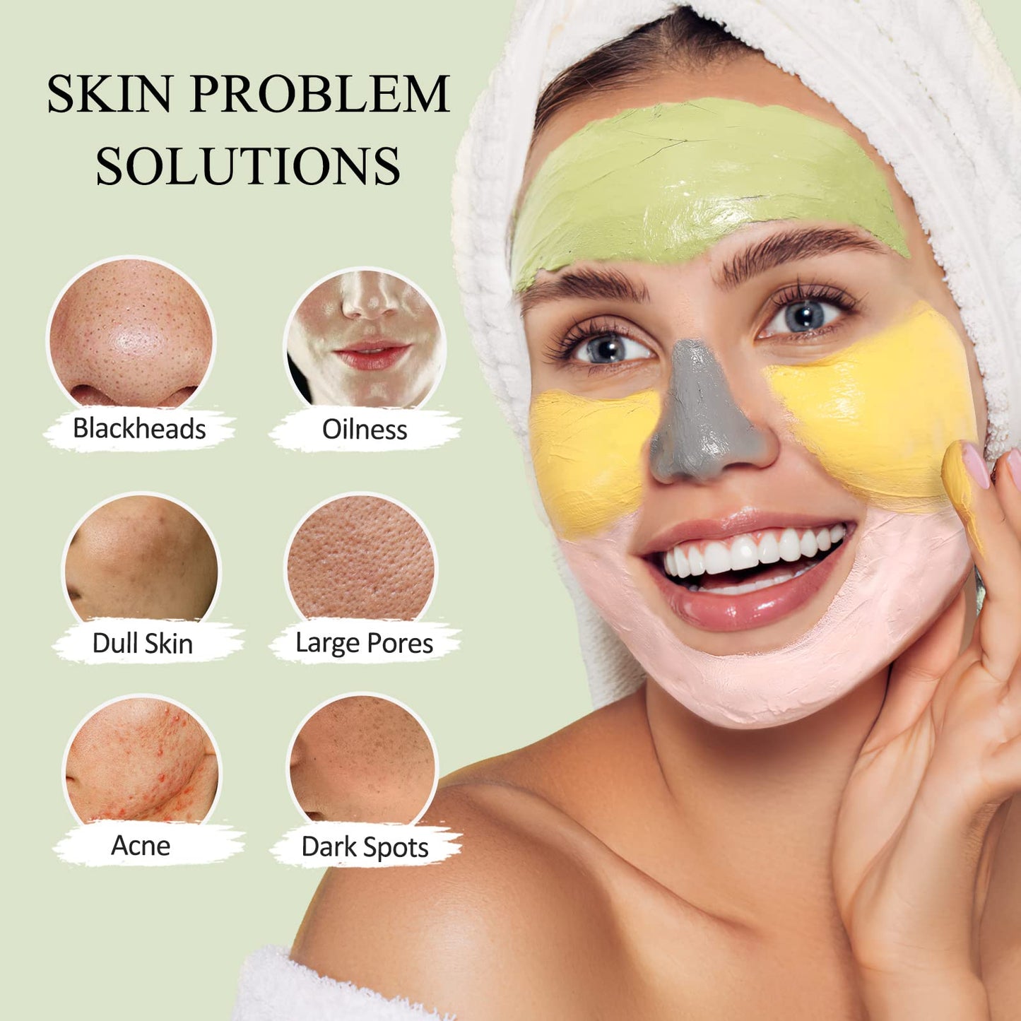 Clay Face Mask Kit, Vitamin C Clay Mask with Turmeric, Dead Sea Mud Mask, Green Tea Mask, Rose Clay Mask, Skin Care Facial Mask for Deep Cleansing, Controlling Oil and Refining Pores (240g in Total)