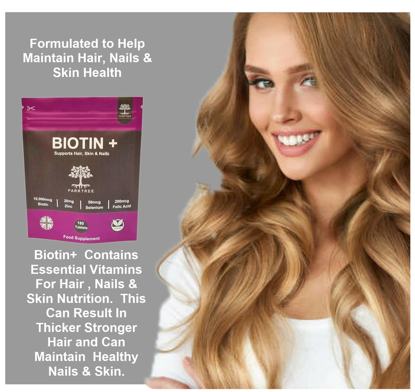 PARRTREE Biotin + Hair Growth Food Supplement - Enhanced with Zinc Selenium & Folic Acid - 180 Tab;ETS - Biotin 10,000 mcg - Vegan Hair Nails Skin Vitamins for Women & Men - UK Made