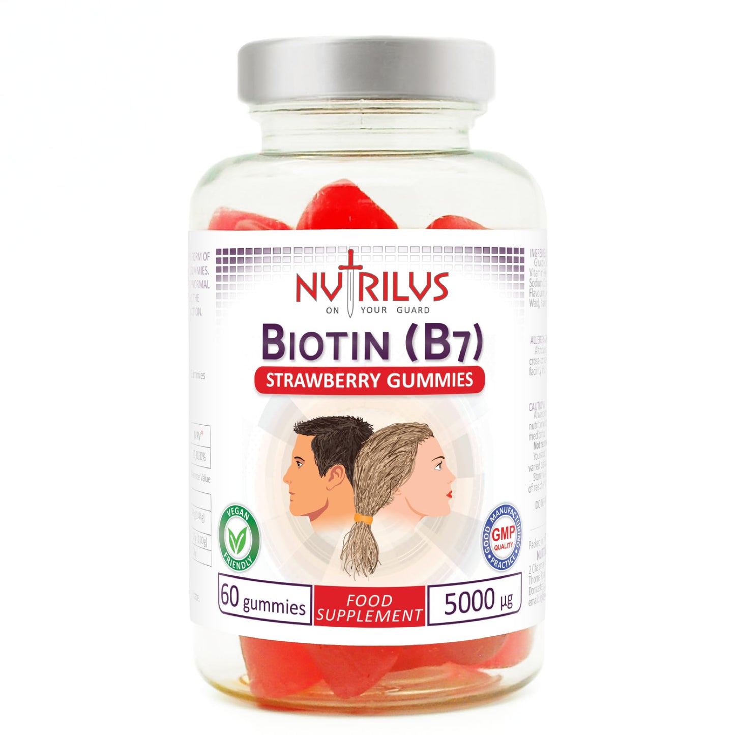 Nutrilus Biotin 60 Natural Strawberry Gummies High Strength 5000mcg per Gummy - One Daily - High Dose Vegan Supplement 5000µg Vitamin B7 - Hair & Skin & Nails