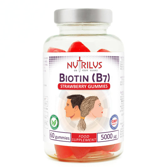 Nutrilus Biotin 60 Natural Strawberry Gummies High Strength 5000mcg per Gummy - One Daily - High Dose Vegan Supplement 5000µg Vitamin B7 - Hair & Skin & Nails