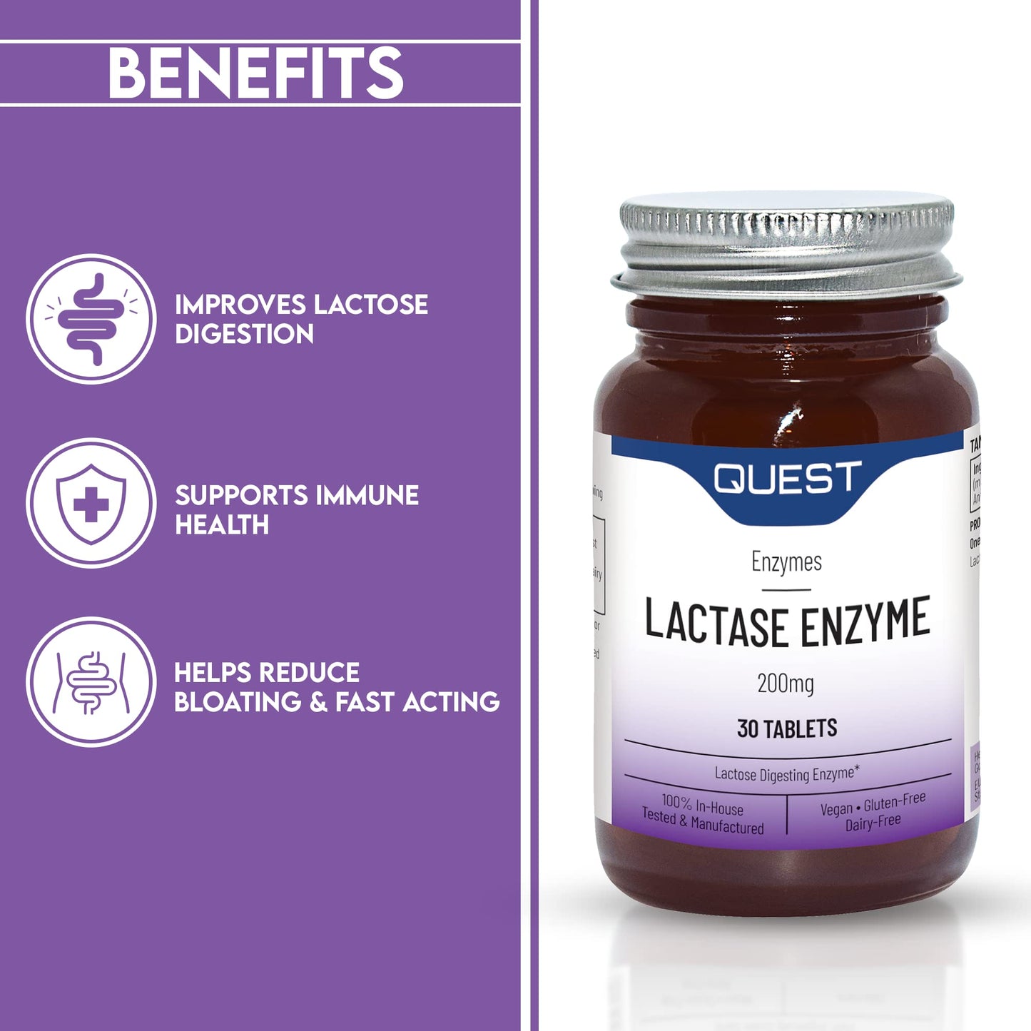 Quest Lactase Enzyme 200mg for Lactose Intolerance Relief. 2000 ALU Fast Relief Dairy Enzymes Digestive Supplement to Prevent Gas, Bloating & Diarrhoea. Dairy Free, Gluten Free & Vegan (30 Tablets)