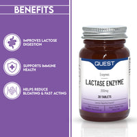 Quest Lactase Enzyme 200mg for Lactose Intolerance Relief. 2000 ALU Fast Relief Dairy Enzymes Digestive Supplement to Prevent Gas, Bloating & Diarrhoea. Dairy Free, Gluten Free & Vegan (30 Tablets)