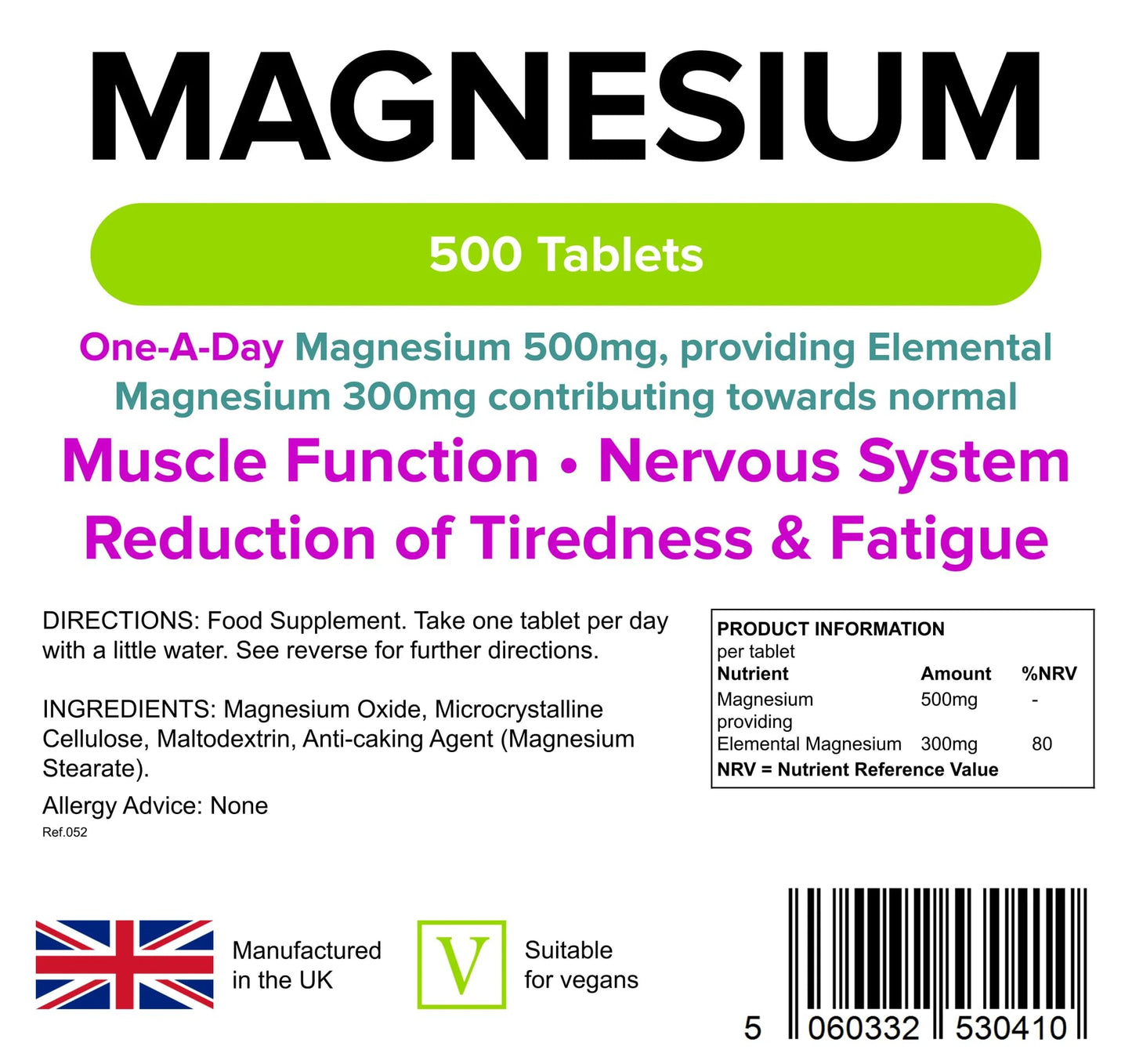 Lindens Magnesium Tablets 500mg – 500 Tablets – Reduces Tiredness and Fatigue, Supports Metabolism, Muscle Function, Nervous System, Bones, and Teeth - UK Manufacturer, Letterbox Friendly