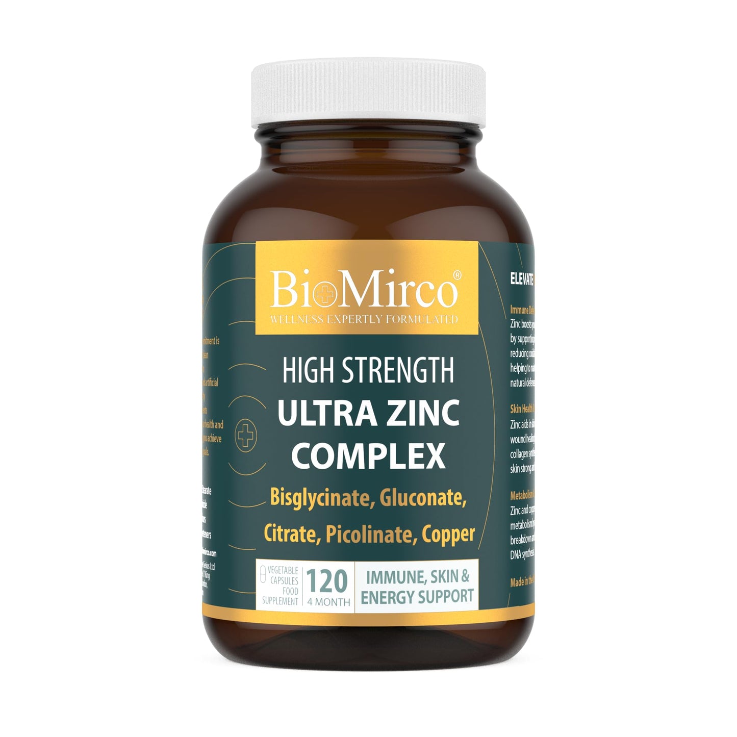 Bio Mirco High Strength Ultra Zinc Complex, 120 Premium Capsules, Immune System, Cognitive Function, Potent Dose, Made in The UK